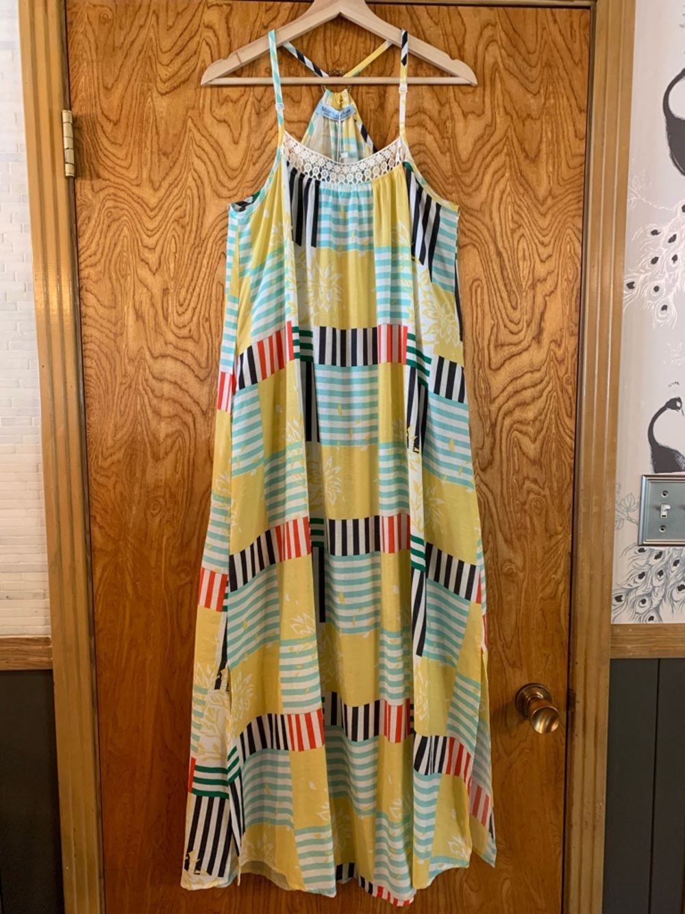 Yellow Multi-Stripe Maxi Dress with Crochet Yoke